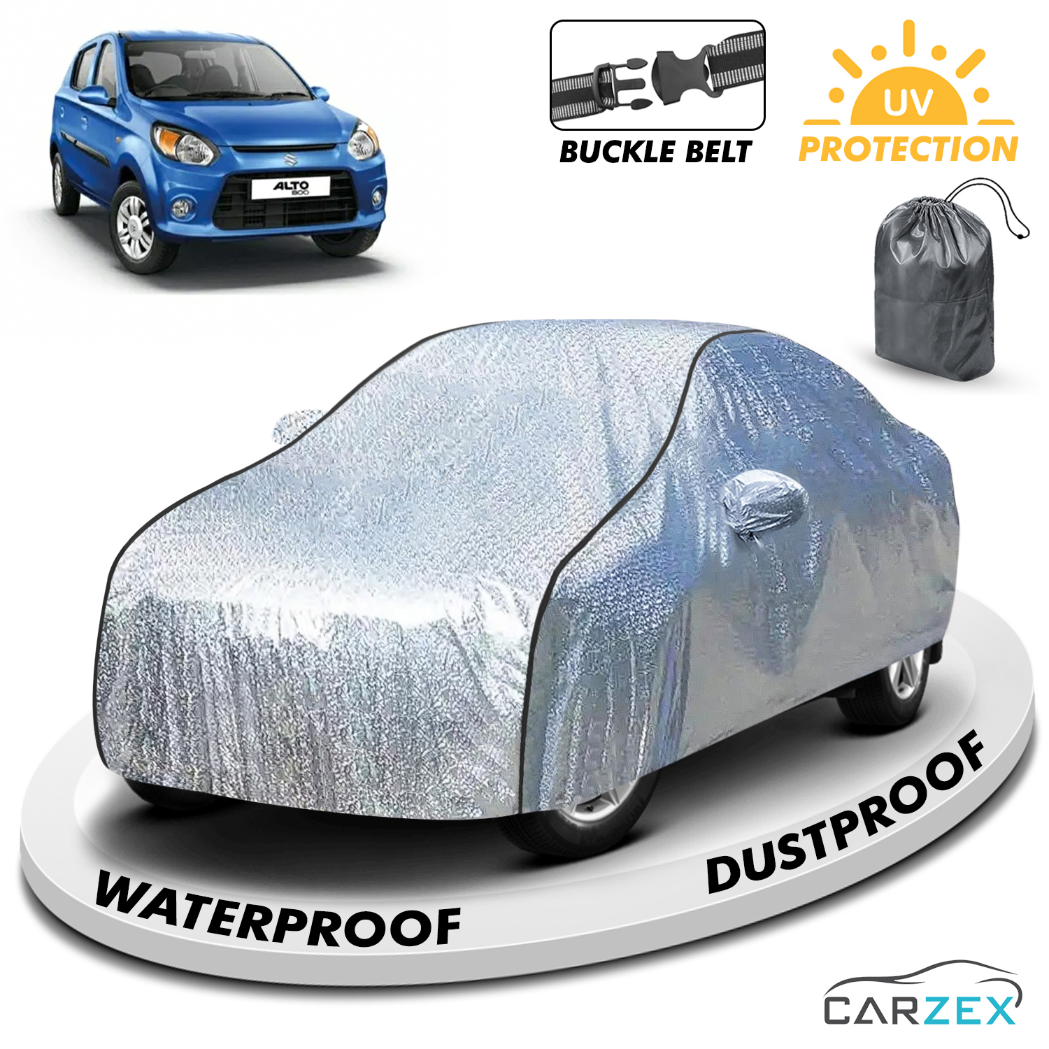 Carzex Waterproof & Heat Resistant Metallic Silver With Black Border Car Body Cover with Mirror Pockets For Maruti Suzuki Alto 800